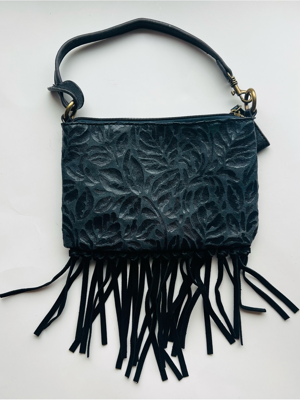 NWOT Black Embossed Fringe Boho Leather Shoulder Bag